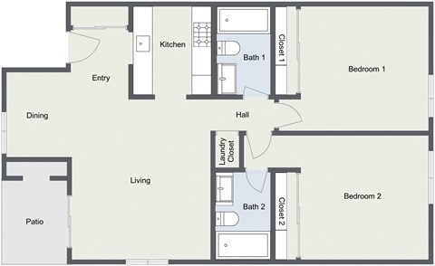 Floor plan for 2 beds, 2 baths, 880 sqft